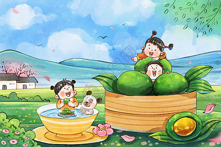 茶风景手绘水彩寒食节之清明果与儿童微景观治愈系插画插画