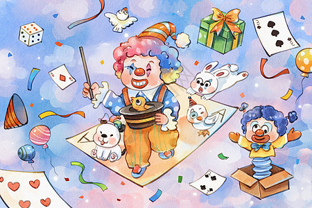 手绘水彩愚人节在空中表演魔术的小丑和动物扑克等插画图片