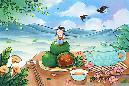 手绘水彩之寒食节清明果和茶风景插画背景图片