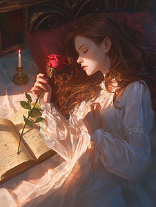 手拿玫瑰花躺在床上看书的卡通人物图片