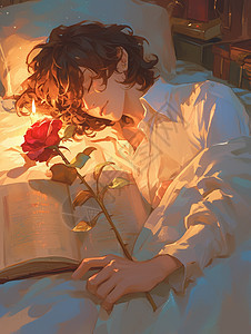 手拿玫瑰花躺在床上睡觉的卡通人物背景图片