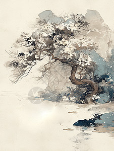 复古中国风水墨画唯美的卡通风景背景图片