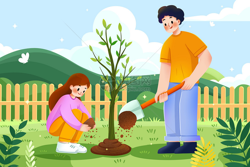 环保种树的父亲和女儿插画图片