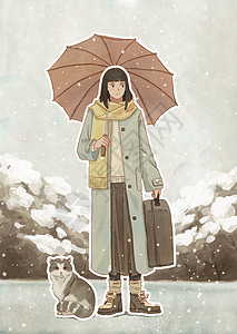 雪中女人雪中的少女插画