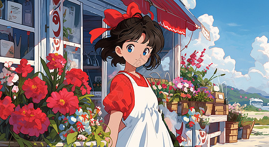 春天戴着红色蝴蝶结可爱的卡通小女孩站在放着很多花朵的房屋前图片