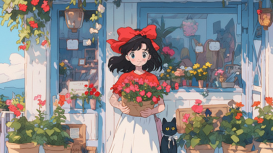 红色蝴蝶结可爱的卡通小女孩站在放着很多花朵的房屋前图片