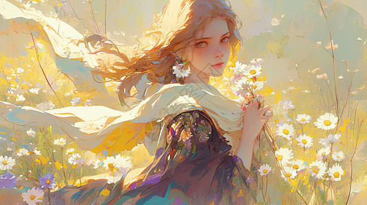 长发漂亮的卡通女孩在小雏菊花丛中图片