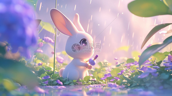 春天雨中欣赏风景的可爱卡通小白兔图片