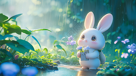 雨中欣赏风景的可爱卡通小白兔高清图片