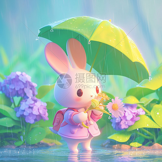 春天雨中打伞欣赏风景的可爱卡通小白兔图片