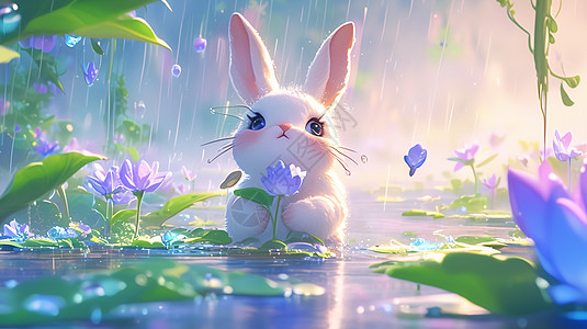 雨中欣赏风景的可爱卡通小白兔图片