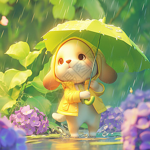 穿着黄色外套打着雨伞在雨中的眼神忧郁的卡通小黄狗图片