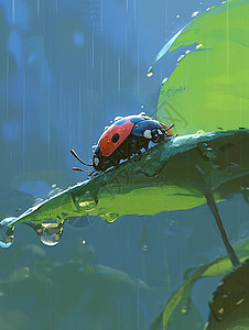 雨水回收春天在树叶上的一只卡通七星瓢虫插画