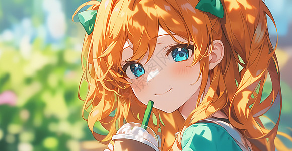橙色头发喝橙汁可爱的卡通小女孩图片