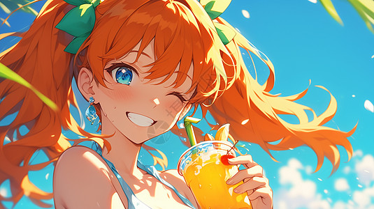 蓝天白云下喝饮料的橙色长发可爱卡通小女孩图片