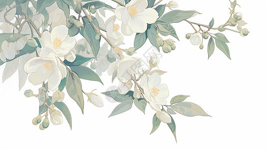春天白色盛开的卡通梨花背景图片
