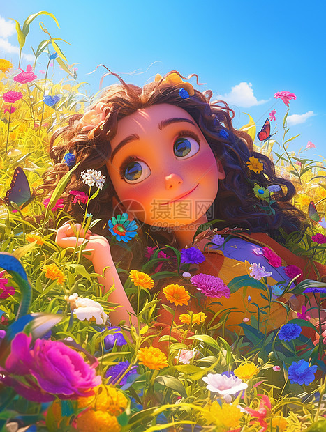 花丛中欣赏风景的长卷发卡通女孩图片