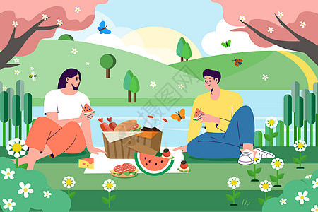 春分节气春天情侣野餐背景图片