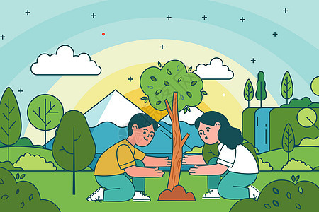 植树节儿童植树矢量插画背景图片