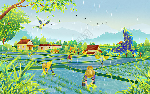 二十四节气谷雨稻田国潮手绘插画绿色燕子插秧农田图片