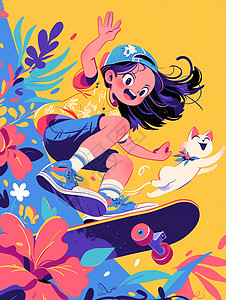 开满花朵的春天玩滑板的潮流卡通女孩图片