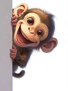 顽皮在墙后调皮可爱的卡通小猴子插画