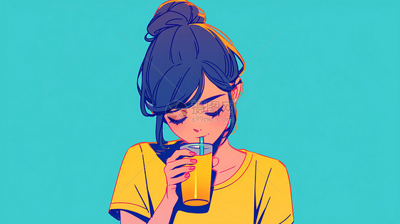 喝果汁饮料的卡通女青年图片