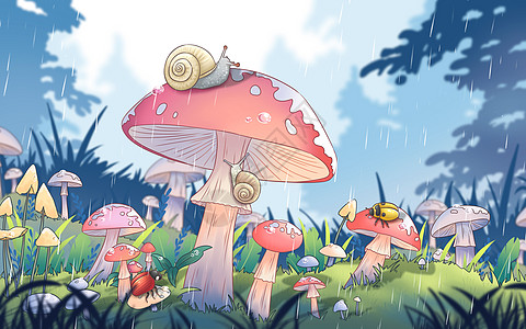 红色日出二十四节气惊蛰蘑菇草丛中昆虫甲壳虫蜗牛手绘插画插画