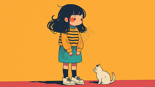 扁平风可爱的卡通小女孩与她的宠物猫图片
