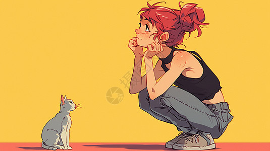 卡通年轻女孩与宠物猫一起发呆图片