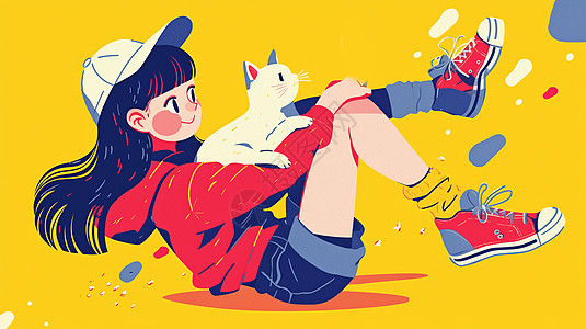 卡通年轻女孩与宠物猫一起玩耍图片