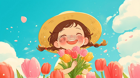 春天在郁金香花园中戴着草帽开心笑的卡通女孩图片