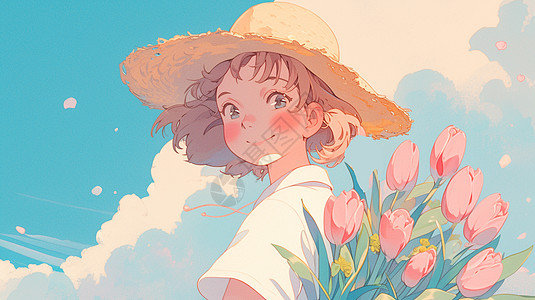 春天戴着草帽在郁金香花园中抱着花束开心笑的卡通女孩图片