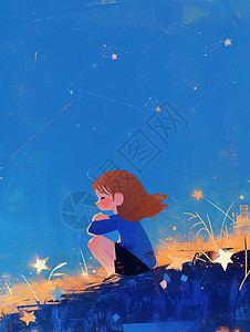 坐在深蓝色星空下一个情绪失落的卡通女孩背景图片