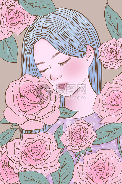 线描玫瑰花长发女生插画图片