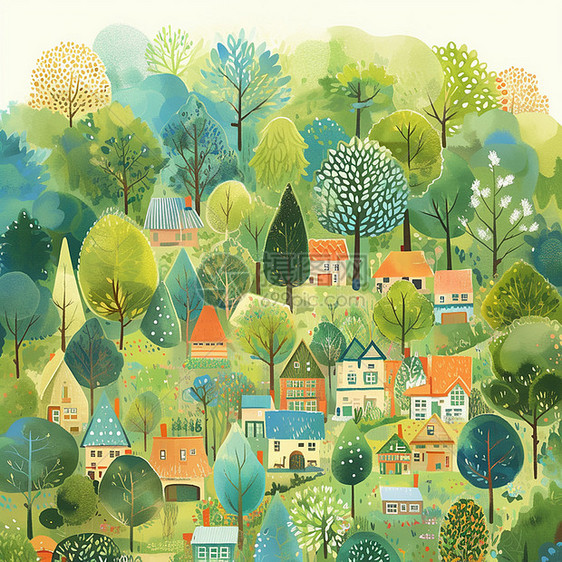 春天卡通森林中美可爱的小村庄图片