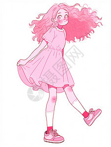 穿着粉色裙子可爱的粉色长卷发卡通女孩图片