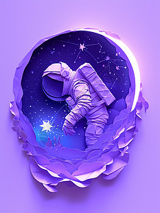 紫色调时尚剪纸风立体科幻的卡通宇航员图片