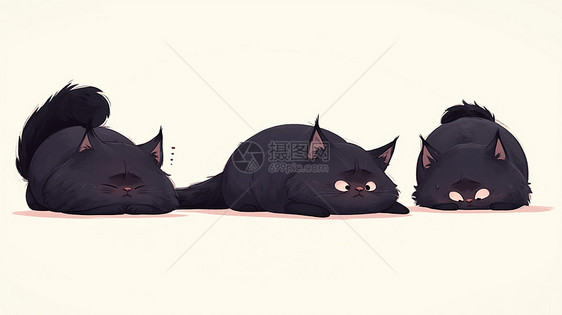 多只趴在地上萌萌可爱的卡通小黑猫图片