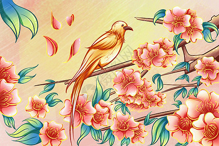 春天桃花树枝上的鸟节气海报插画背景图片