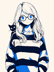 戴着黑框眼镜的长发卡通女孩与黑色宠物猫图片