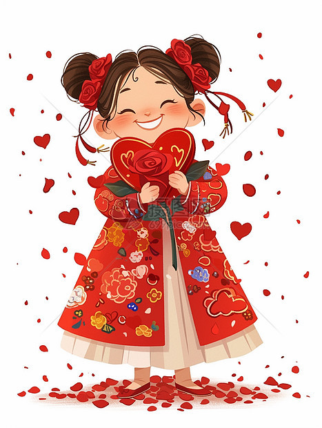 喜庆红色古风服装扎两个丸子头开心笑可爱的卡通小女孩图片