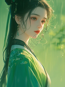 穿着绿色古风汉服在雨中赏雨优雅的古风卡通女孩高清图片