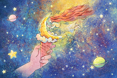 手绘岩彩晚安之冰淇淋月亮女孩天空宇宙治愈系插画背景图片