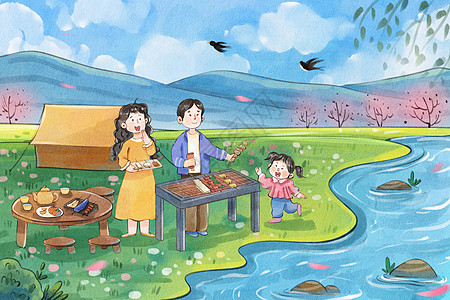 河边手绘水彩之春天一家人露营烧烤小清新插画插画