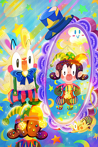 愚人节小丑兔子照镜子猫咪背景海报运营插画图片