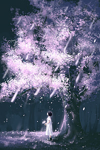 唯美户外夜晚樱花树下的少女插画图片