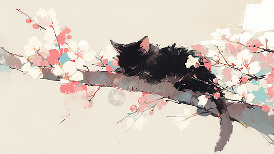 春天趴在桃花枝上可爱的卡通小黑猫图片