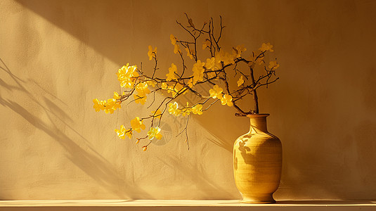 暖色简约的卡通花瓶中插着几枝花朵午后暖暖的阳光洒在墙上图片