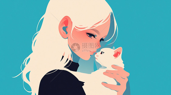 白色长发卡通女孩抱着小小的白色卡通宠物猫图片